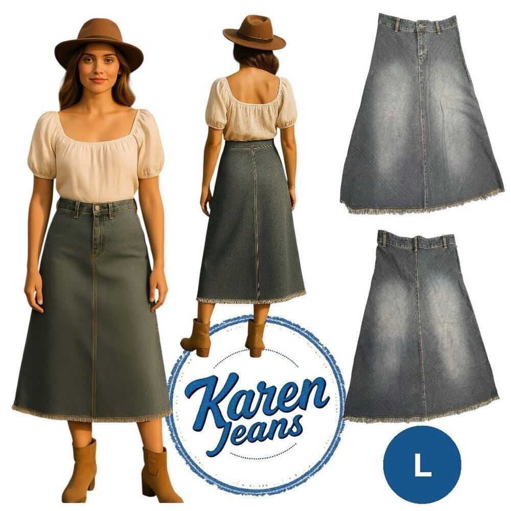 Karen Womens Cotton Frayed Hem Faded Long Denim Jean Skirt Blue Size Large VTG